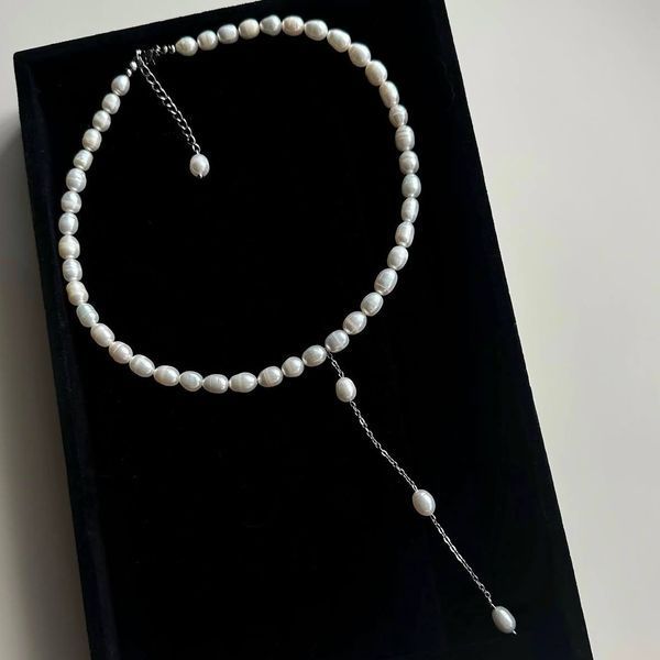Pearl Necklace with Tie Extension, Steel