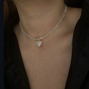 Crystal Necklace & CZ Heart Pendant, 6mm, Steel