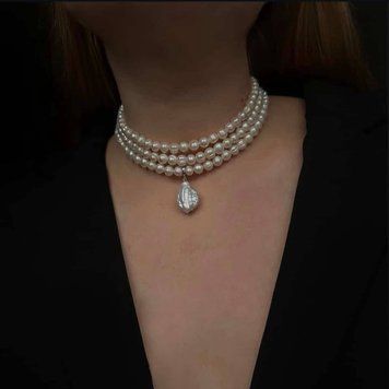 Tiered Pearl Necklace, 3 layers, Steel, рисова