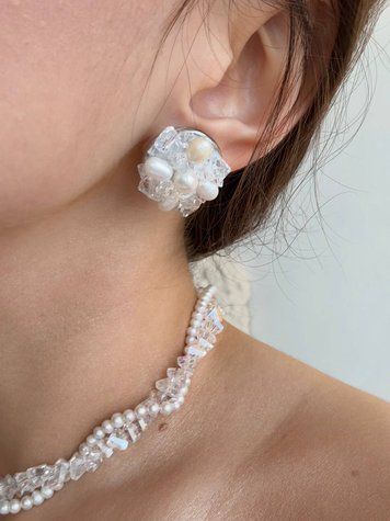 Hand-Embroidered Crystal and Pearl Earrings, Steel, 20 mm