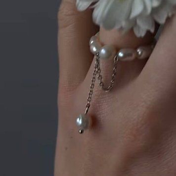 Pearl Ring + Chain Hoop with Pearl Pendant, Steel, 15