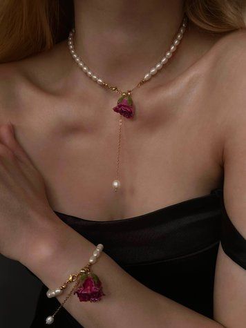 Necklace "ROSE", gold‑plated, троянда рожева, рис