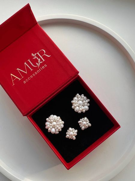 Earrings with hand-embroidered pearls (smaller), Steel, 15 mm
