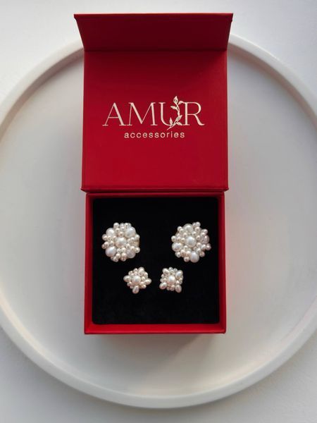 Earrings with hand-embroidered pearls (smaller), Steel, 15 mm