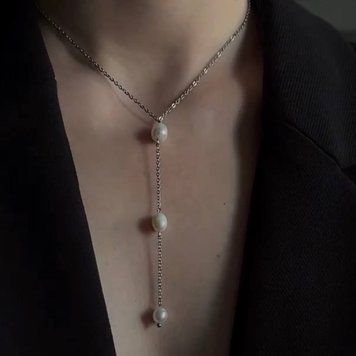 Mini Tie Necklace, 3 pearls, Steel